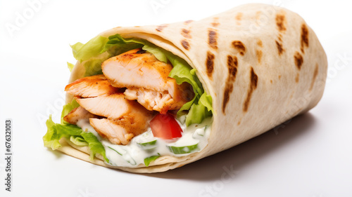 Shawarma or Doner with chicken roll on isolated white background. Turkish Fast Food.