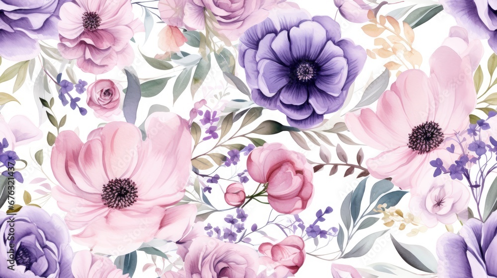 Watercolor flowers seamless pattern, woodland Flowers Clipart illustration on white abstract background