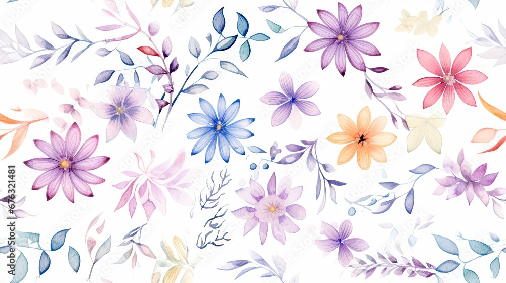 Seamless pattern watercolor arrangements with small flower. Botanical illustration minimal style.