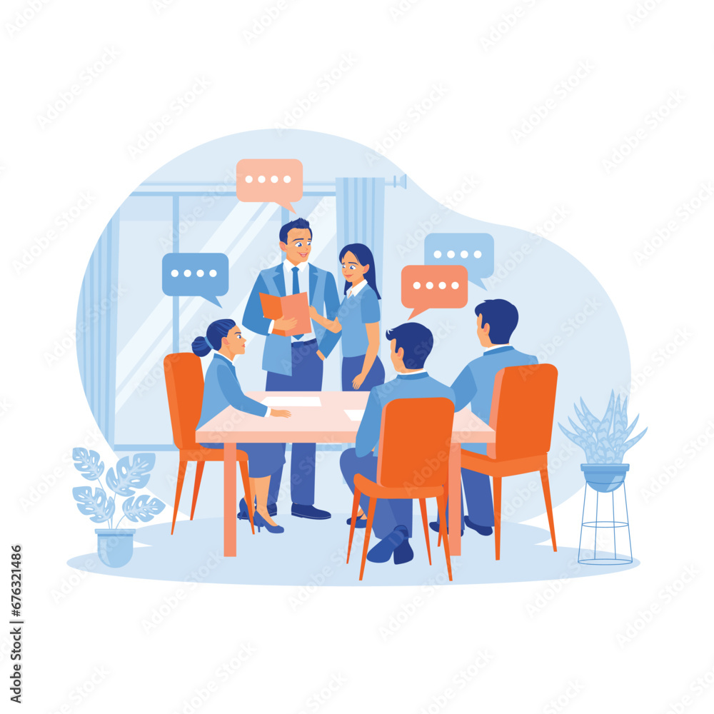 The manager and office staff have a meeting in the conference room. Discuss and make critical decisions together to achieve success. Employee Making concept. Trend Modern vector flat illustration