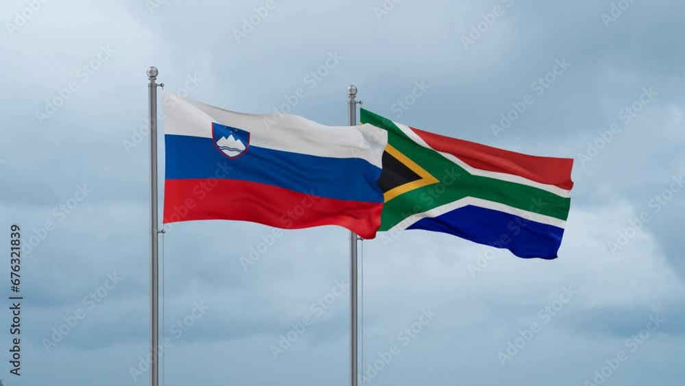 Republic of South Africa and Slovenia flag waving together on cloudy sky, endless seamless loop, two country cooperation concept Republic of South Africa and Slovenia flag waving together on cloudy sky, endless seamless loop, two country cooperation concept