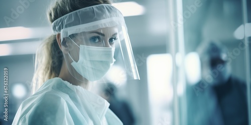 woman in coronavirus gown being checked medicine equipment