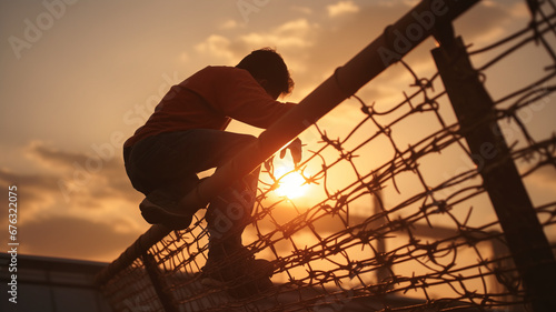 Illegal border crossing by migrant over fence between Mexico and United States, sunset light photo