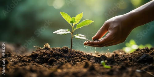 The concept of growing plants. Close up of human hands planting a plant in the ground. A small tree with green leaves.