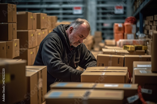 Inventory male worker preparing cardboard packages in a warehouse , Logistics worker preparing for postage and delivery