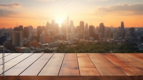 Empty wooden table for placing products on the background of big city  condominium  business and nature