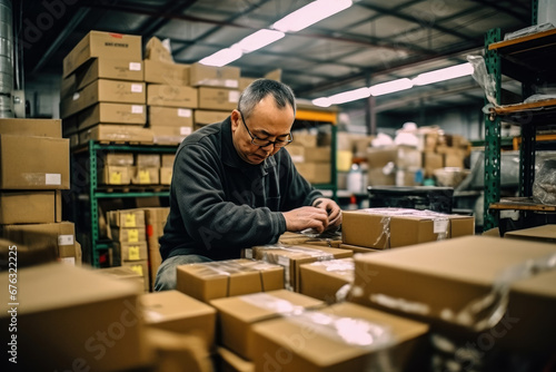Inventory male worker preparing cardboard packages in a warehouse , Logistics worker preparing for postage and delivery