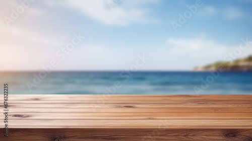 Wooden table for placing products on the background of the sea