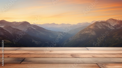 Product display stand concept, Wooden table on the background of mountains during sunrise, Business with nature