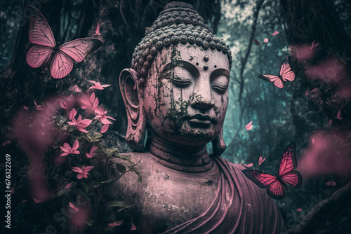 Experience tranquility as a majestic Buddha statue stands gracefully amidst a forest adorned by the ethereal presence of delicate pink butterflies. Ai generated