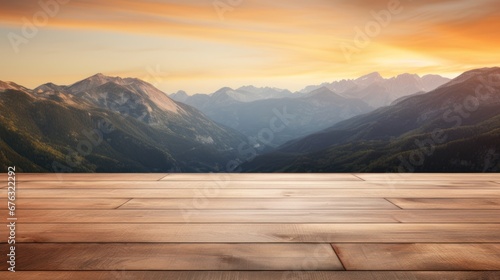 Product display stand concept, Wooden table on the background of mountains during sunrise, Business with nature