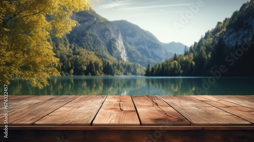 Fototapeta Naklejka Na Ścianę i Meble -  Empty wooden table for placing products on the background of the lake