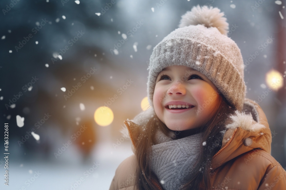 Small girl in first snow wearing warm cap and winter coat, big smile Small girl in first snow wearing warm cap and winter coat, big smile