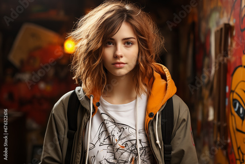 Cheerful teenage hipster woman in the street art , Portrait of hipster girl with multicolored background
