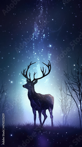 Enchanting night scene with a majestic deer against a vivid starry galaxy backdrop in a mystical forest. © Koldo_Studio