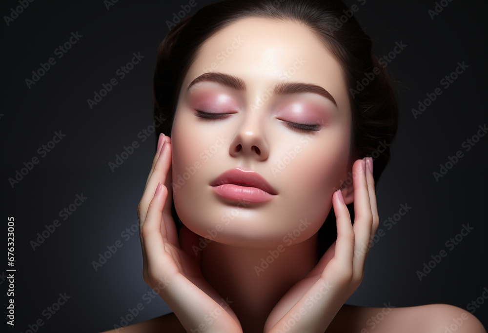 Young woman beauty touch her face and perfect skin with healthy skin makeup style , beauty and cosmetics advertising concept Young woman beauty touch her face and perfect skin with healthy skin makeup style , beauty and cosmetics advertising concept