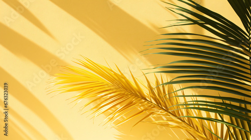 Tropical palm plant shadow on yellow