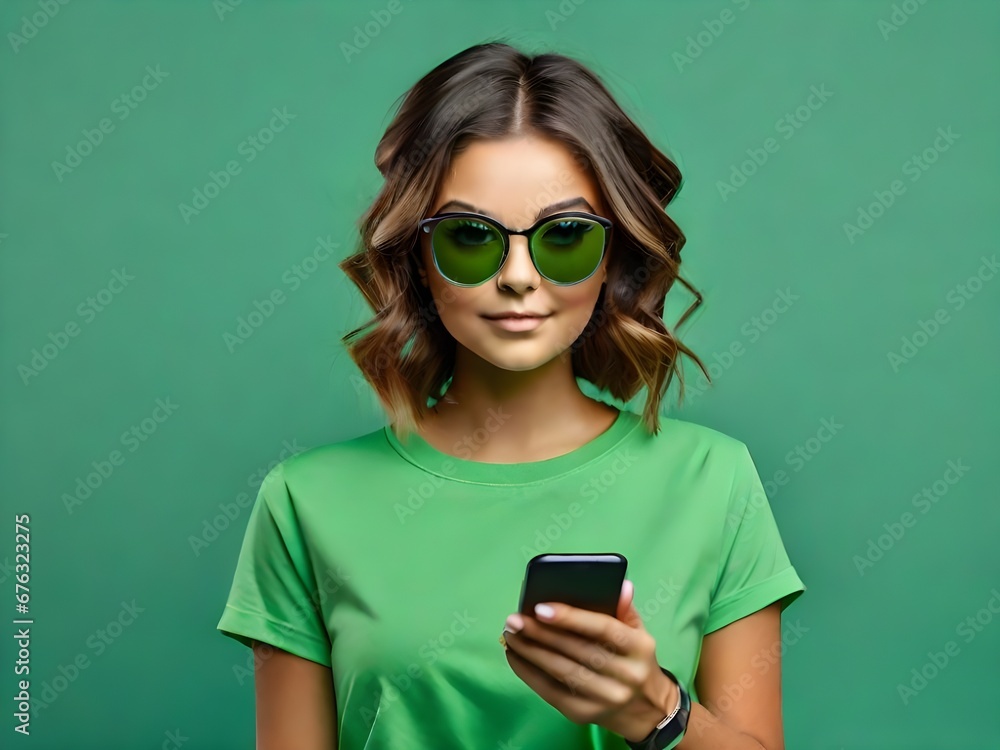 woman using phone wearing green glasses and shirt