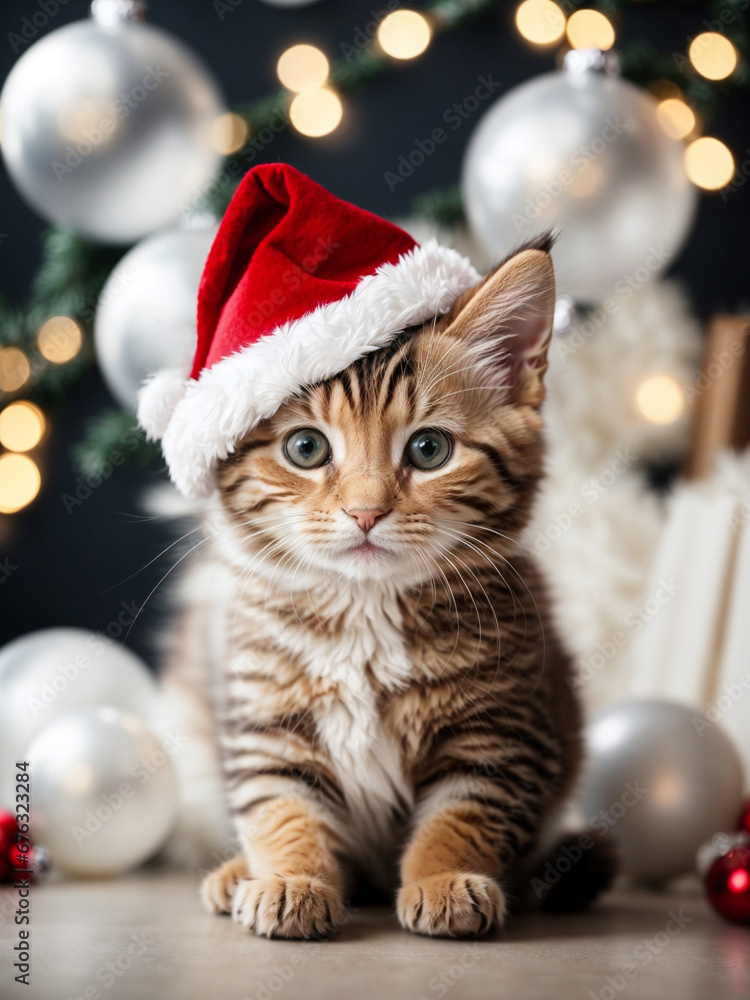 Cute kitten wearing Santa Claus red hat. Merry Christmas and Happy New Year decoration - balls, balloons, toys and gifts around. X-mas postcard Cute kitten wearing Santa Claus red hat. Merry Christmas and Happy New Year decoration - balls, balloons, toys and gifts around. X-mas postcard