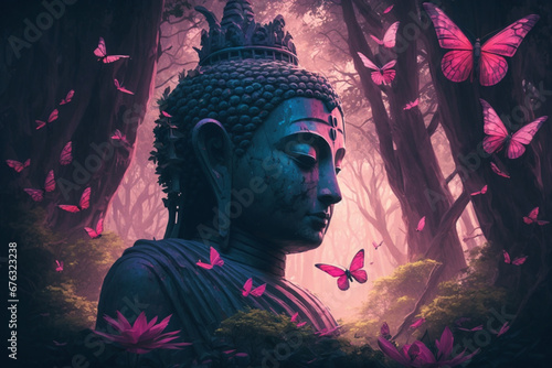 Experience tranquility as a majestic Buddha statue stands gracefully amidst a forest adorned by the ethereal presence of delicate pink butterflies. Ai generated
