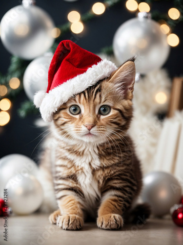 Cute kitten wearing Santa Claus red hat. Merry Christmas and Happy New Year decoration - balls, balloons, toys and gifts around. X-mas postcard