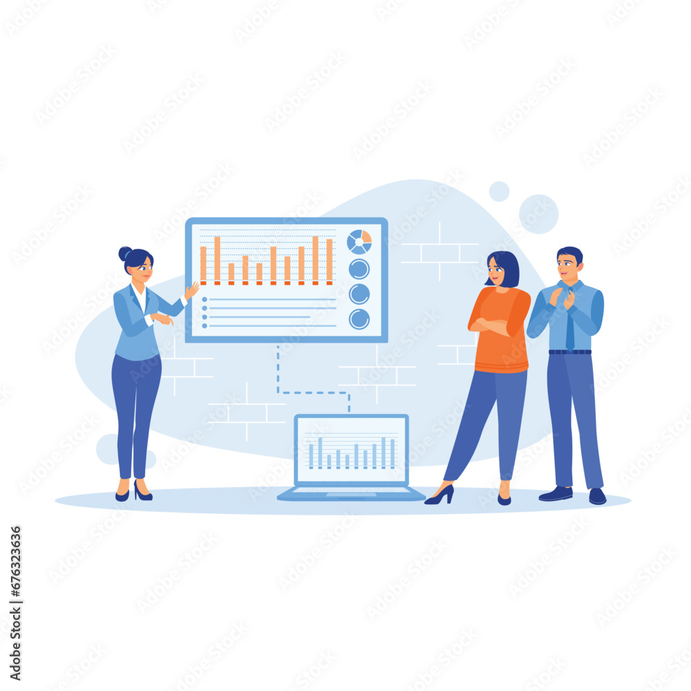 Female operations manager having a meeting with colleagues in the office. Using a laptop to analyze growth, graphs, statistics and data. Growth Analysis Concept. Trend Modern vector flat illustration
