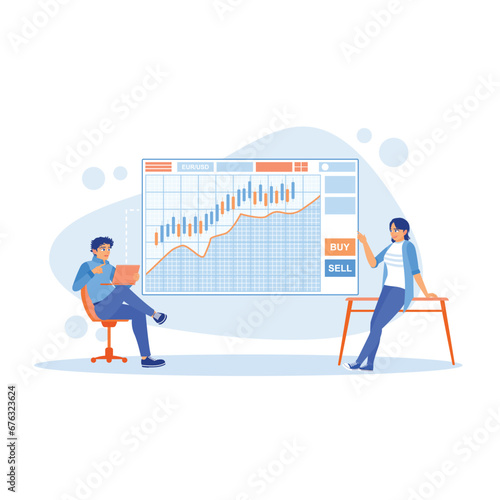Two investors analyze graphs of the ups and downs of the stock market using a laptop. Make financial plans and management. Growth Analysis Concept. Trend Modern vector flat illustration