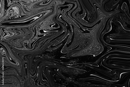 Black marble marbling liquid fluid smooth elegant texture background for invitation, poster, card, wllpaper, brochure. Dark mode web. Mixing paints. Design abstraction, modern art. Blurry backdrop. 