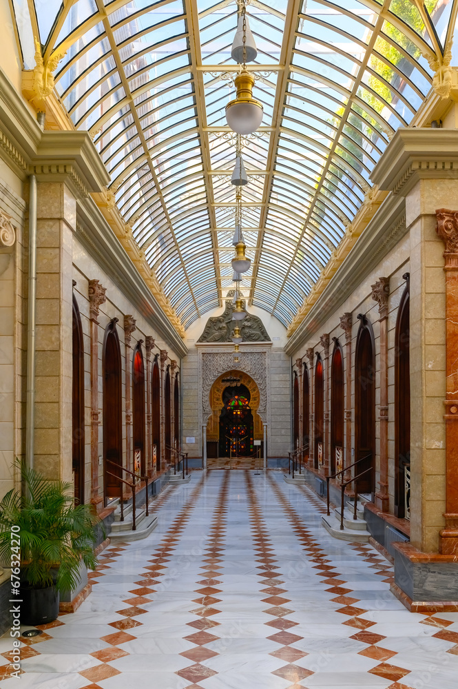 Courtyard with glass ceiling. Architecture in Casino of Murcia (1853), Spain