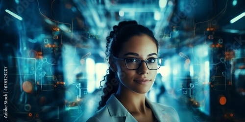 portrait of woman in glasses working with electronic circuits