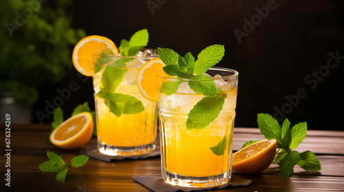 Two glasses of orange drink with fresh mint on a table