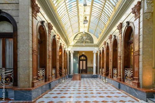 Courtyard with glass ceiling. Architecture in Casino of Murcia (1853), Spain