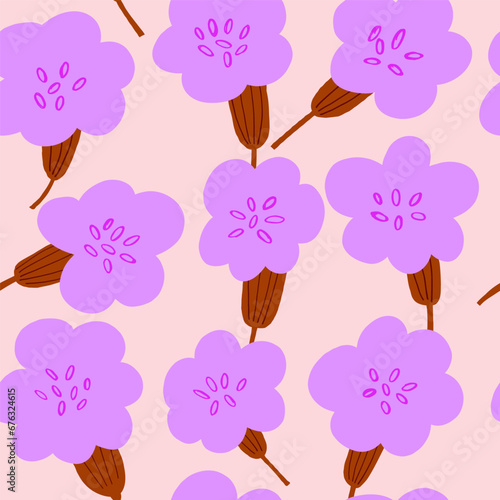Vector seamless pattern with simple violet flowers on beige background. Simple doodle flowers, spring bloom pattern design. Vector illustration