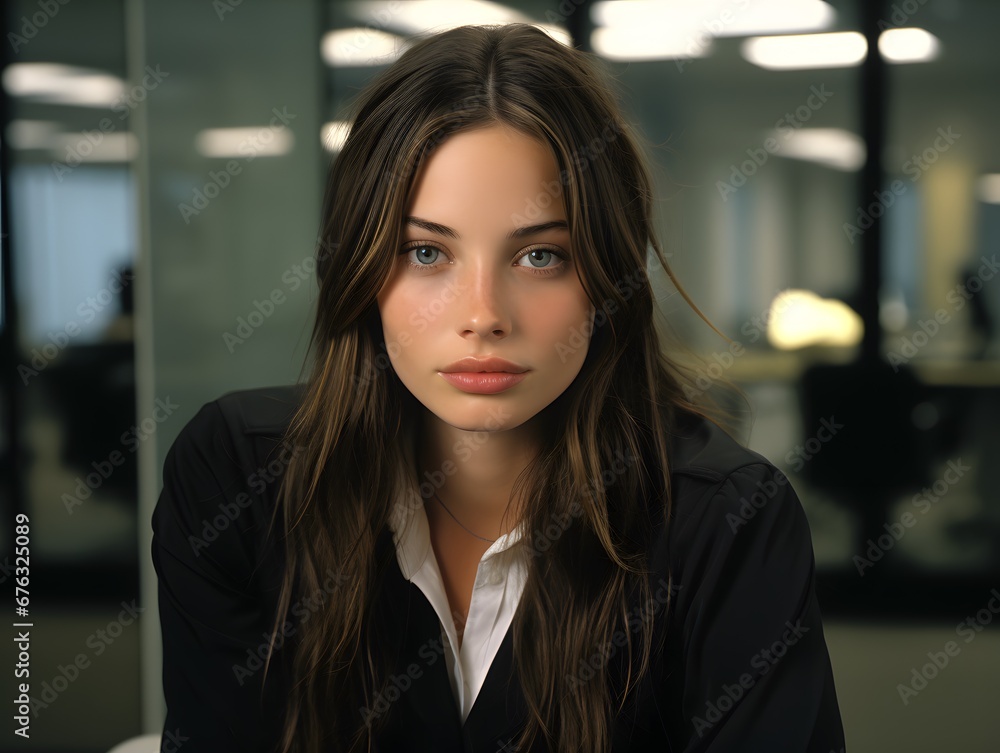 Fototapeta premium Tense Expression: Genuine Capture of a 20-Year-Old Woman Dealing with Work Stress in a Modern Office