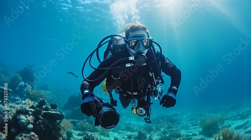 Underwater photographer videographer scuba dives