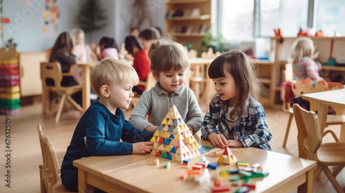 children play in Montessori kindergarten, baby, child, kid, early development, playroom, nursery, primary school, game, fine motor skills, boy, girl, childhood, portrait, face, toddler, room, home