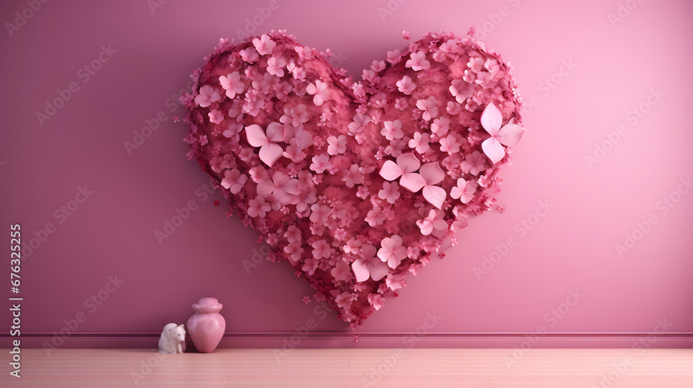 A pink wall with a romantic heart with flowers on it - Valentine's Day Wallpaper - Generated by AI
