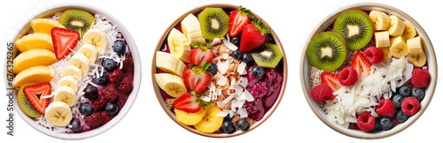 Breakfast acai bowl with coconut and tropical fruits isolated on white background (top view), food collection