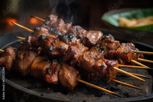 Indulge in the vibrant flavors of Thailand with our delectable street food featuring succulent meat skewers, a culinary journey through the bustling streets of Thai gastronomy. Ai generated