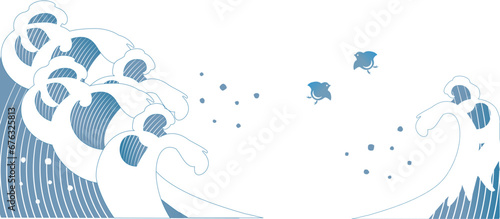 水墨画・浮世絵風の波のイラスト背景