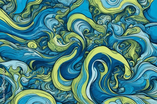 Swirling cerulean and electric lime in a dynamic liquid clash.