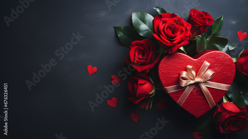A red heart with a gift box and red rose on the top   top down shot - Valentine s Day Celebrations background 