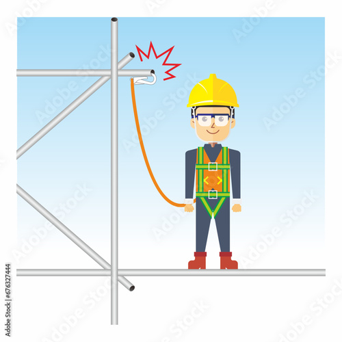 Unsafe condition vector illustration when worker wear safety harness improperly. 