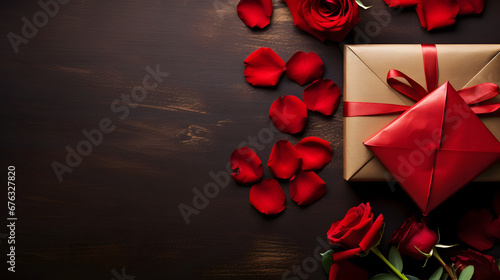 A red heart with a gift box and red rose with love letter - Valentine's Day Gift Idea - Love Background Wallpaper - Generated by AI
