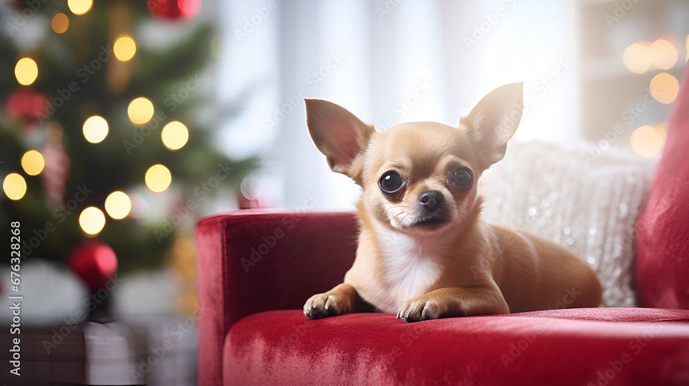 cute Chihuahua on the sofa in a exquisit cozy christmas decorated living room
