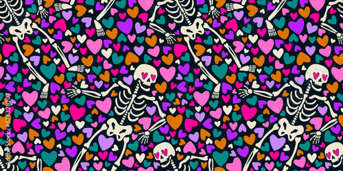 Seamless pattern with skeletons and pink hearts in their eyes. Colorful vector illustration