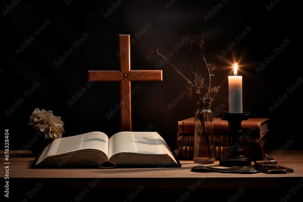 Holy Bible and Cross on Desk. Minimalism, dark and light