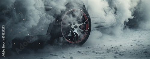 Burn wheels with smoke on snow. Car drift detail. lots of smoke from burning tires on winter street. photo