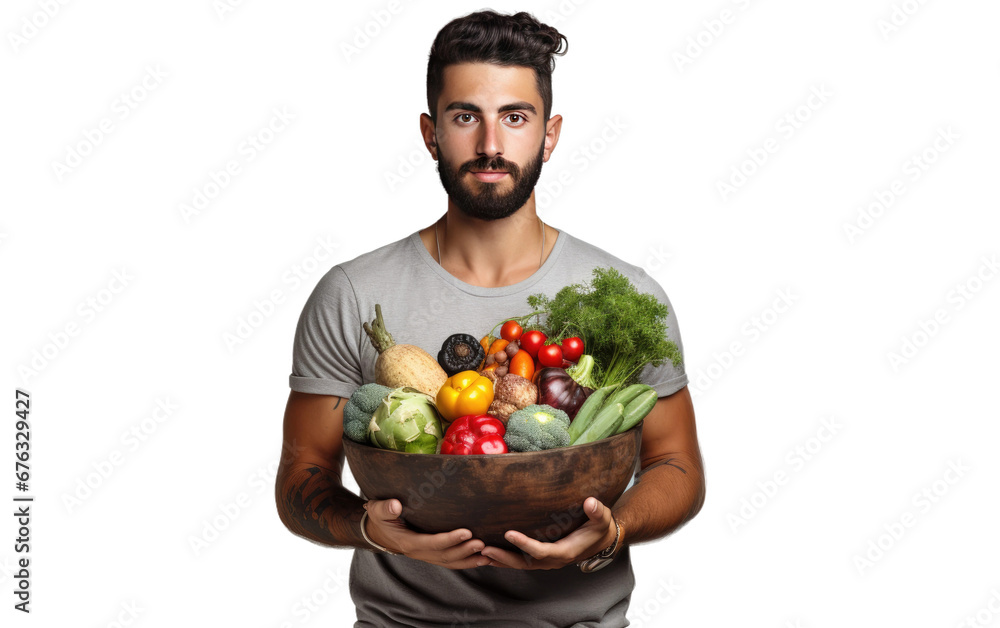 Beautiful Young Male Holding a Fresh Fruits and Vegetables on White or PNG Transparent Background. Beautiful Young Male Holding a Fresh Fruits and Vegetables on White or PNG Transparent Background.