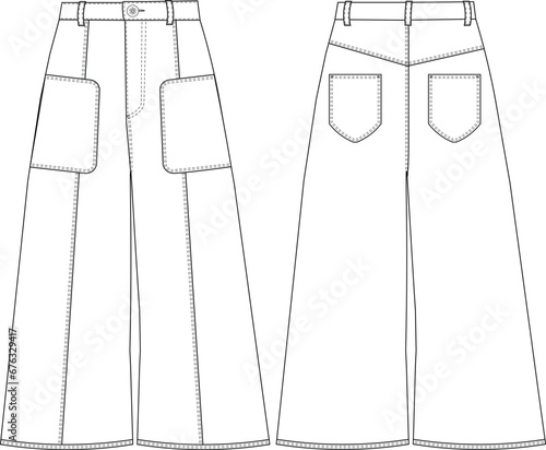 wide leg palazzo pant trouser technical drawing, flat sketch, template, fashion, jean, denim photo